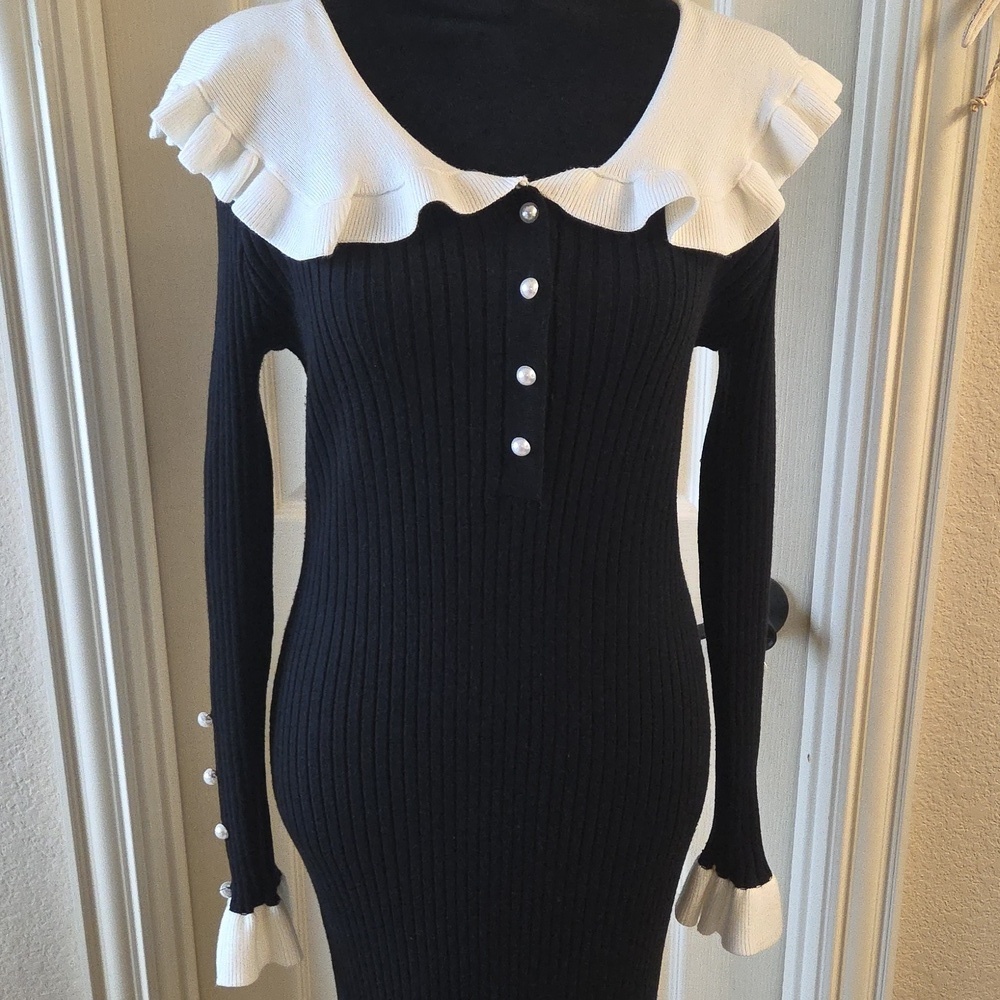 Chic Black and White Long Sleeve Dress - Picture 9 of 16
